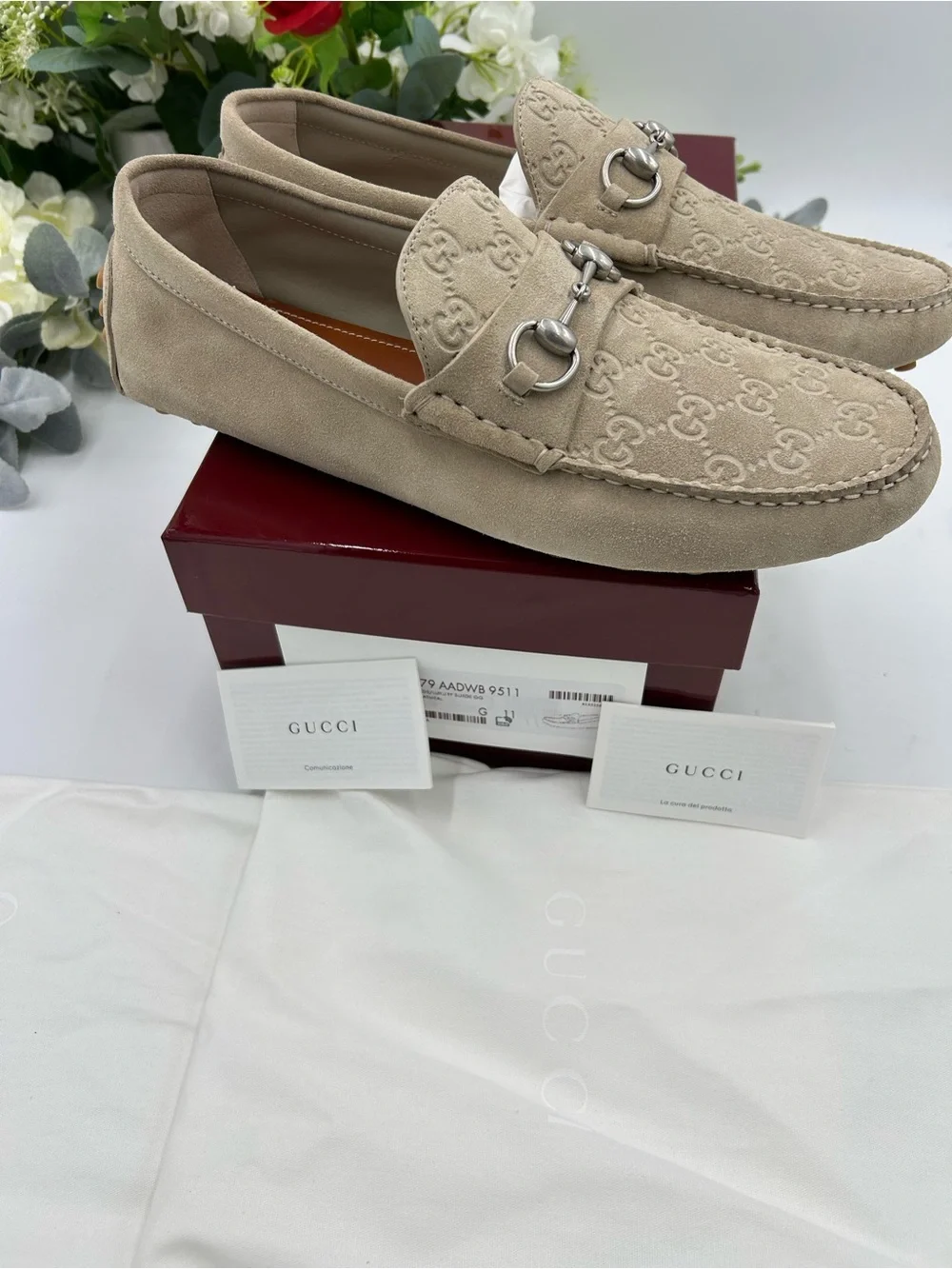 Men's Gucci, GG embossed suede driver loafers size 11 fits 12 US made in Italy